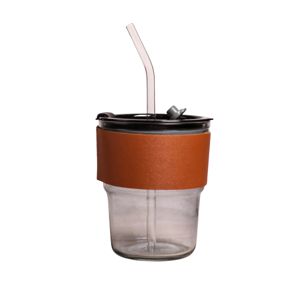Glass Mug Sipper Tumbler with Lid, Straw & Anti-Slip Leather Sleeve 435ML
