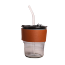 Glass Mug Sipper Tumbler with Lid, Straw & Anti-Slip Leather Sleeve 435ML